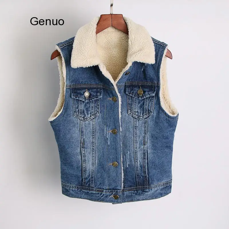 Woman Autumn  Plus Velvet Denim Vests Winer Oversized Thick Vest Warm Denim Waistcoat Women Coat Jackets Chaleco Gilet