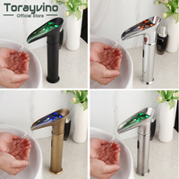 Torayvino LED Waterfall Automatic Sensor Hand Touch Bathroom Sink Faucet Solid Brass Basin Sink Deck Mounted Faucet Mixer Tap