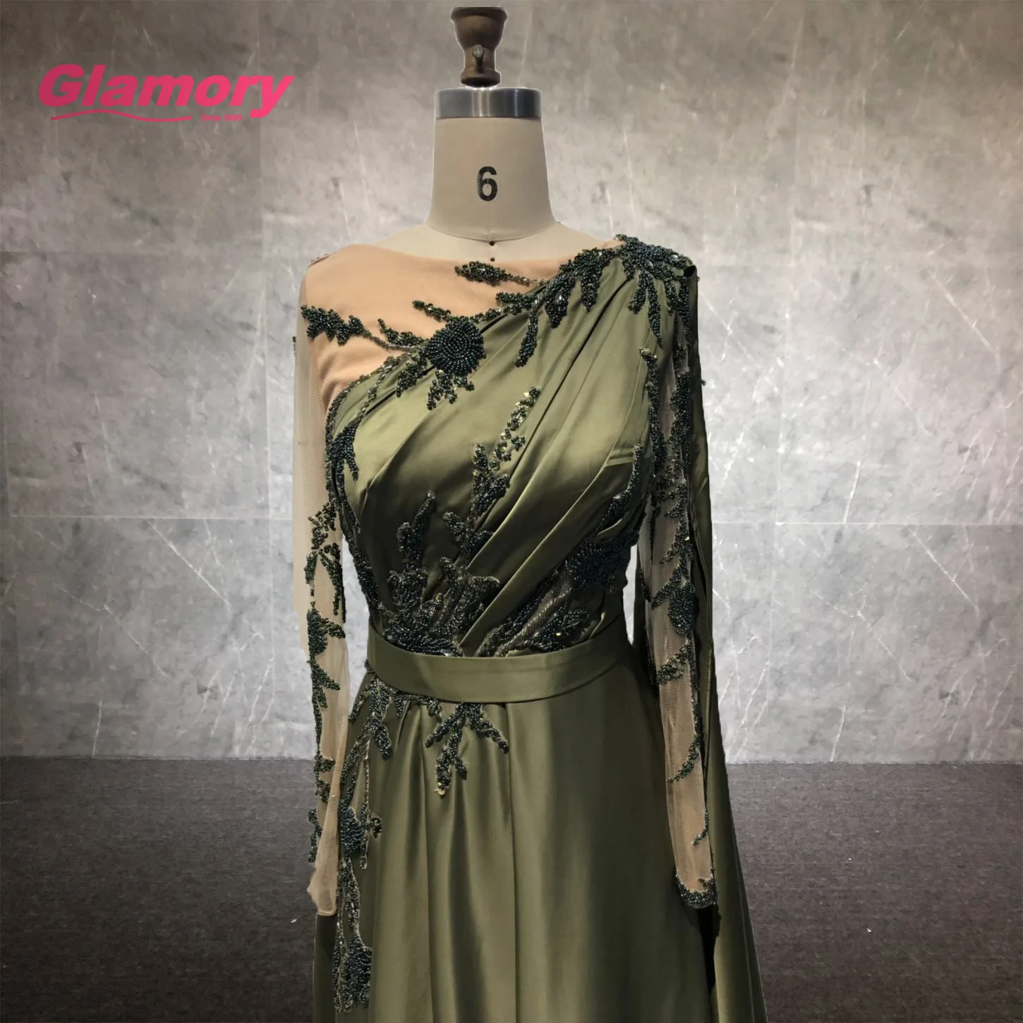 2020 New Arrival Long Sleeves Elegant Green Handmade Beading A Line Satin Prom Dress Plus Size For Woman Evening Party