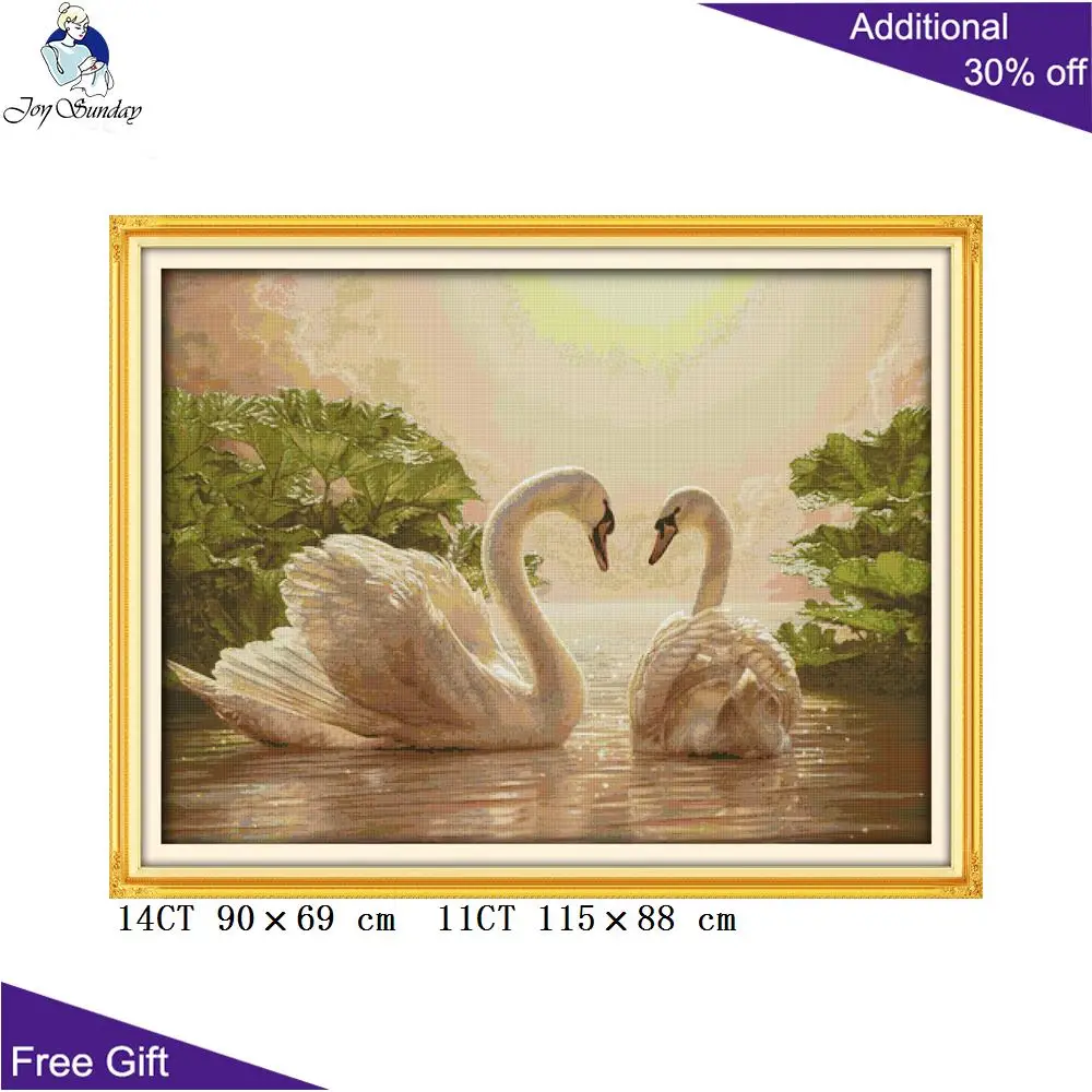 Joy Sunday Two Swans Cross Stitch Kits, Stamped and Counted Combed Cotton Thickened Fabric Animal Home Decoration, D656(2)