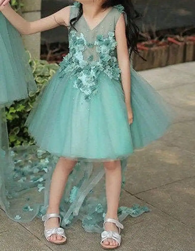 Green A Line Flower Girls Dress V Neck Short Sleeve 3D Floral Appliques Children Birthday Party Costume Mini Dresses