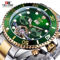 TEVISE Green Dial Tourbillion Gold Bezel Mens Luxury Business Automatic Mechanical Watch Top Brand Luxury Reloj Hombre Calendar