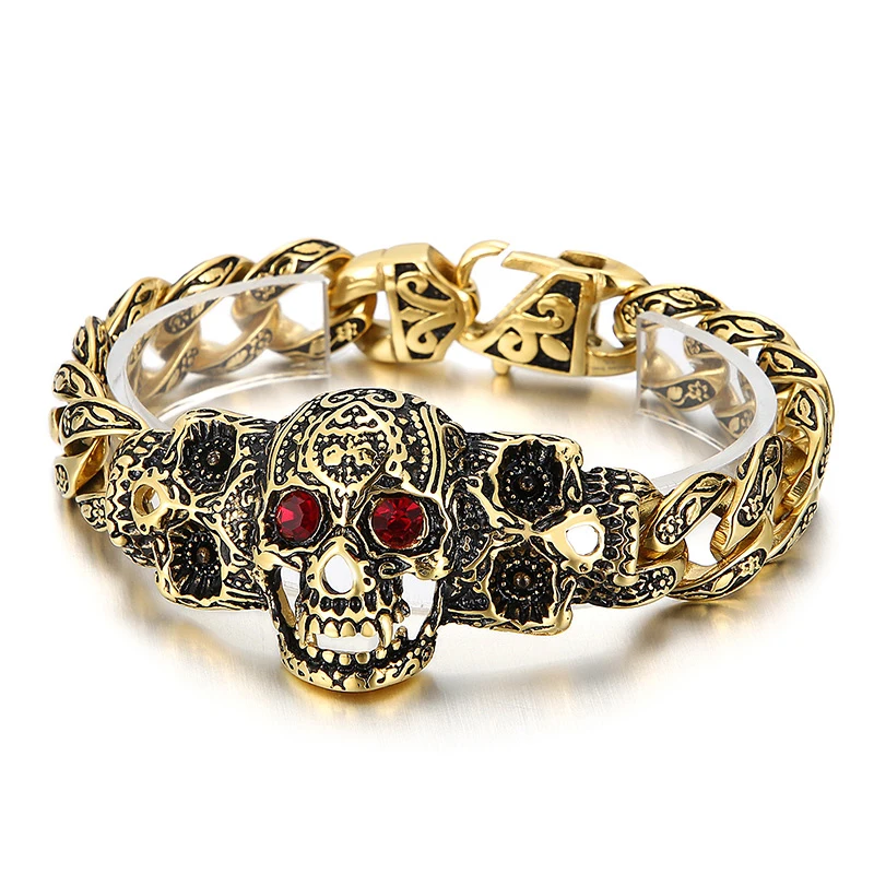 

Vintage 15mm Wide Carved Punk Stainless Steel Men's Bracelet Skull Luxury Chain Accessories