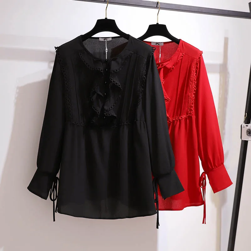 150Kg Plus Size Women's Spring Autumn Loose Chiffon Shirt Bust 151cm 5XL 6XL 7XL 8XL 9XL Long Sleeve Round Neck Top Black Red