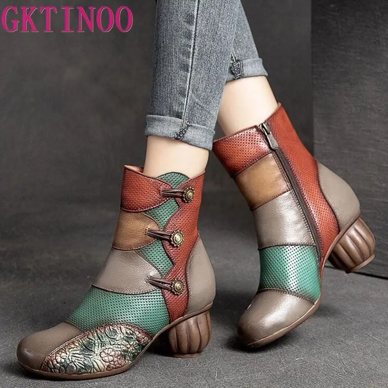 

GKTINOO Women Boots 2025 New Woman Short Boots Mixed Colors Genuine Leather Autumn/Winter Shoes Square Heels Female Footware