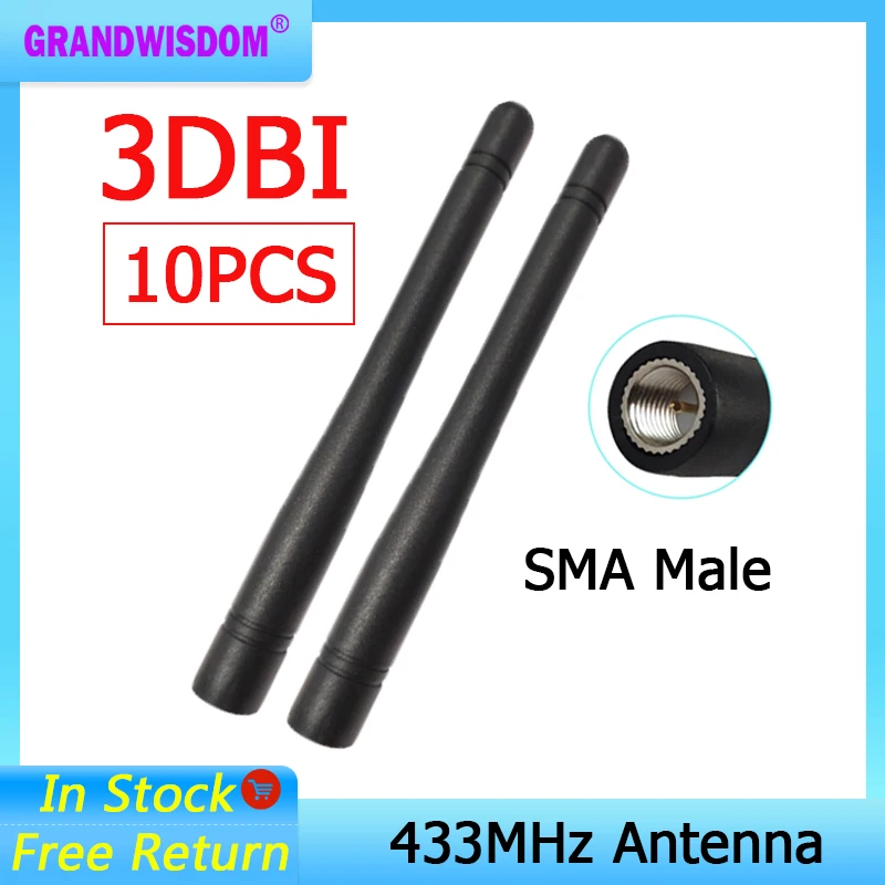 GRANDWISDOM 10pcs 433mhz antenna 3dbi sma male lora antene pbx iot module lorawan signal receiver antena high gain