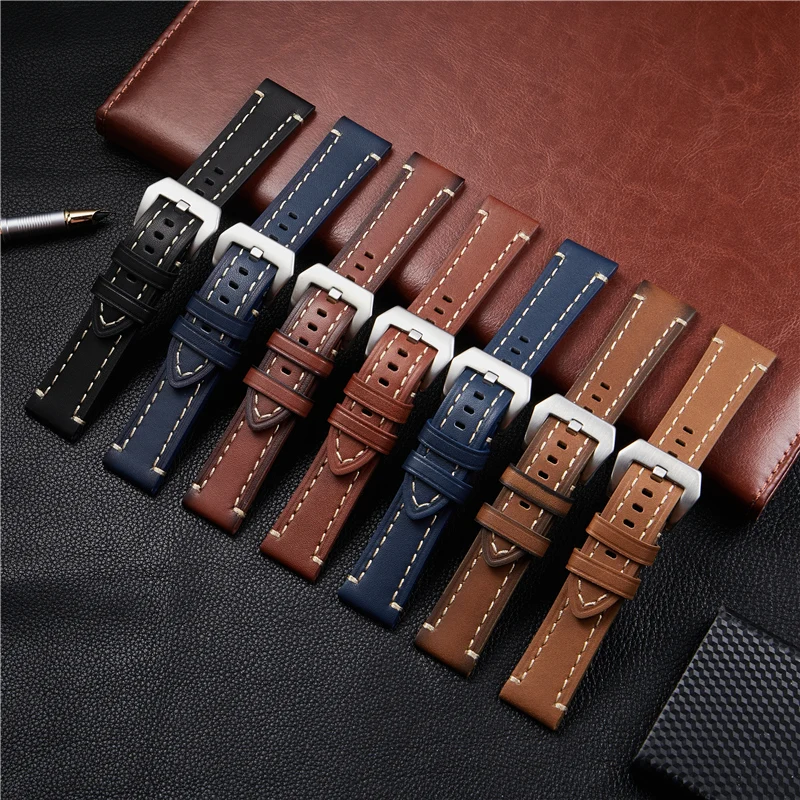 Vintage Handmade Genuine Leather Watch Straps Popular Grilled Design Strap Male Business Watchband 18mm 20mm 22mm 24mm