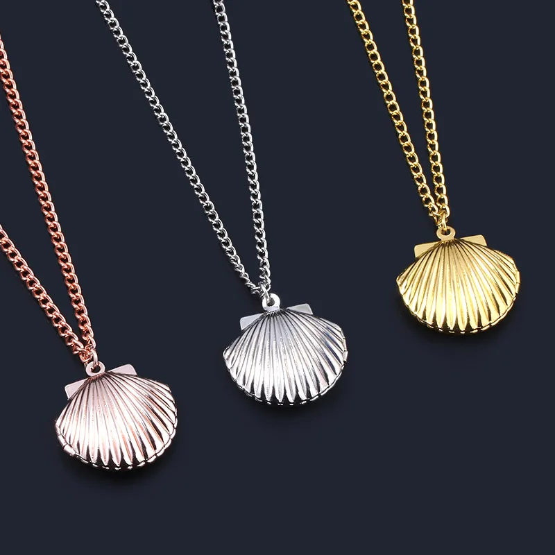 

3 Color Fashion Jewelry Seashell Clam Beach Mermaid Photo Locket Chain Charm Necklace for Women Valentine's day gift