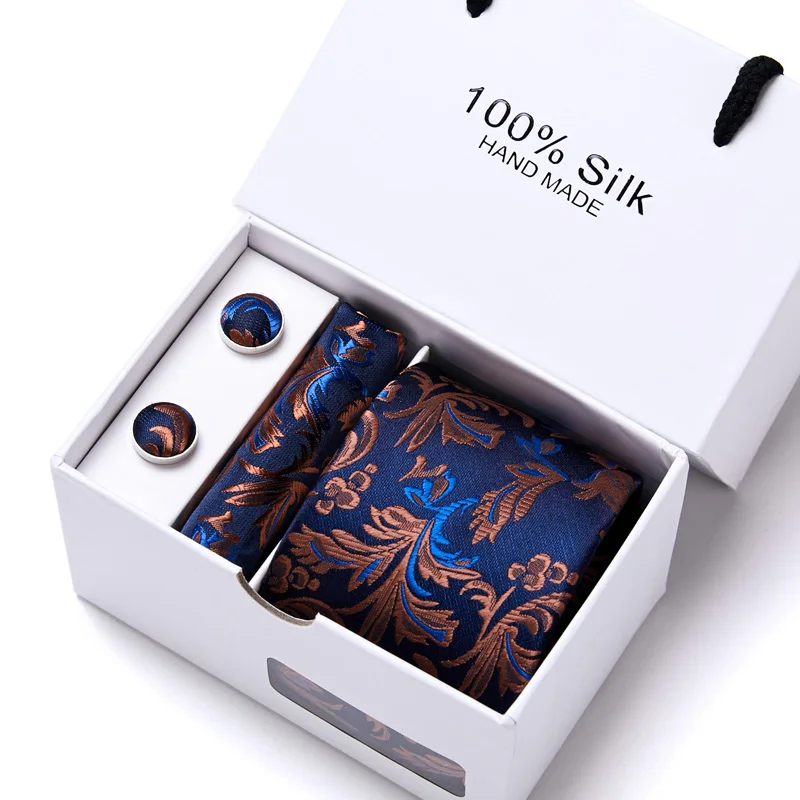 Brand 100% Silk Ties Gift box Office  Men Classic Party Wedding striped 7.5cm Silk Wedding  Floral Tie Necktie Handkerchief Set