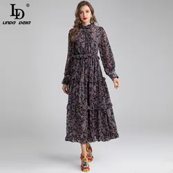 LD LINDA DELLA Autumn Winter Fashion Designer Maxi Dress Women's Long Sleeve velvet Floral Vintage Long Party Dress gown