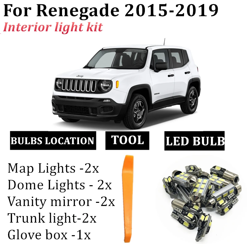 

9x Car LED bulb Interior Dome Map Light For 2015 2016 2017 2018 2019 Jeep Renegade Car Interior Light Reading Lamps Trunk Lights