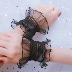Korean Sweet Lolita Hand Wrist Cuffs Solid Color Bow Lace Maid Gloves For Women Cosplay Girl Party Hand Sleeves