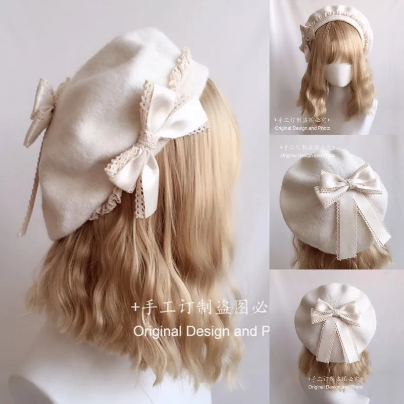 

White Butterfly Woolen Bowknot Vintage Round Beret Beret Hat Lolita Soild Color lace Hat College Style Element Girl