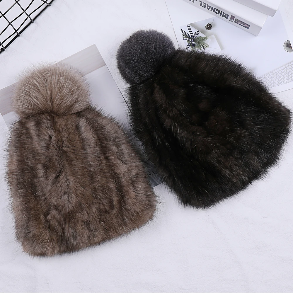 Highend Women\'s Winter Knitted 100% Real Sable Fur hat Fur Beanie Russian Mink Fur Cap With Fox Fur Pom Poms Female Warm Thick