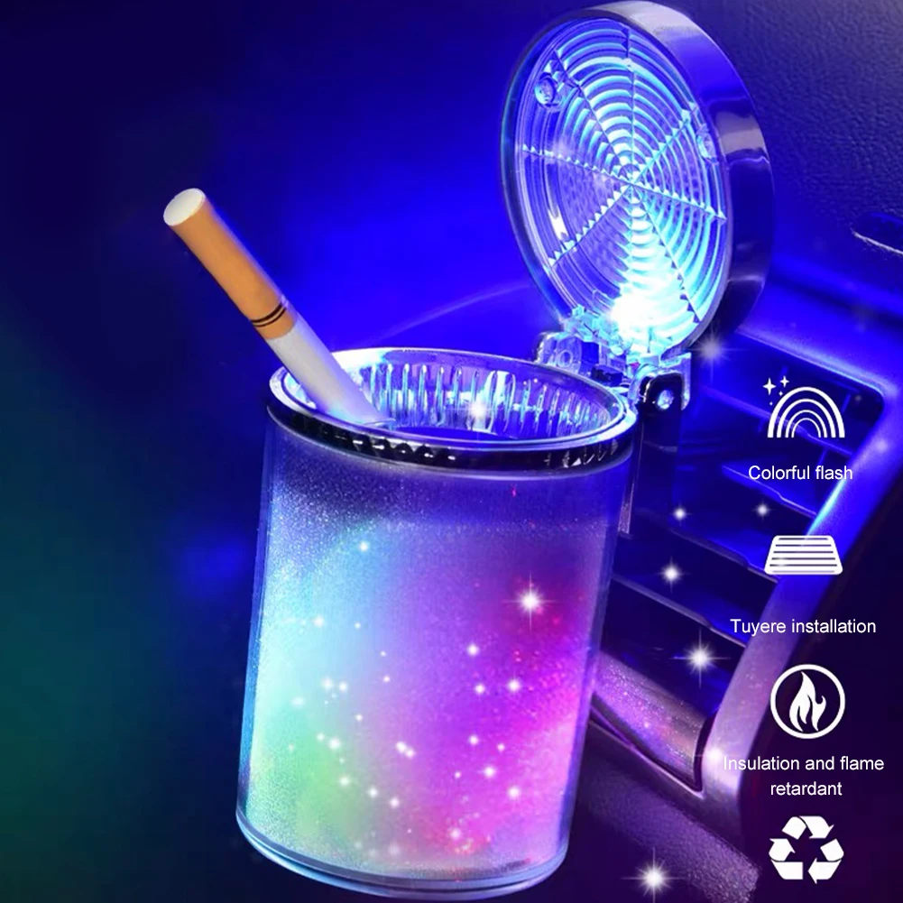 

High Flame Retardancy Car Ashtray with LED Light, Airtight Lid, Multifunctional Vehicle Cup Holder, Air Vent Ashtray Trash