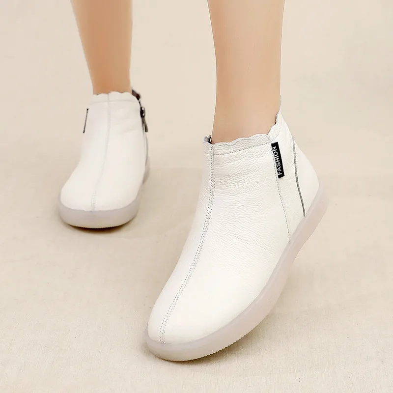 Genuine Leather Cow Women Ankle Boots Warm Wool Motorcycle Slip on Super Comfortable Booties Winter Shoes White Blackse45