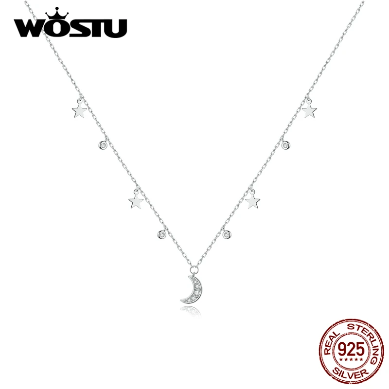 WOSTU 100% 925 Sterling Silver Shiny Star & Moon Necklace Shiny Zircon Long Chain Necklace For Female Luxury Jewelry CQN420