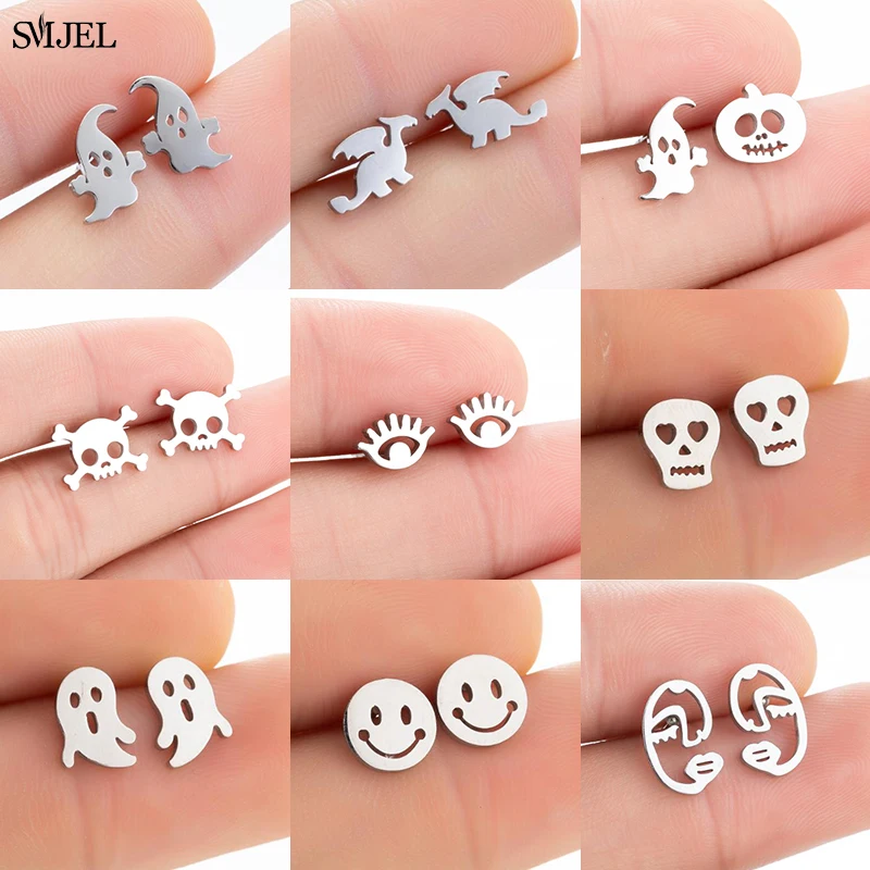 2024 Stainless Steel Earrings Geometric Women Men Hip hop Black Ghost Skull Stud Earring Fashion Jewelry Halloween Best Gift