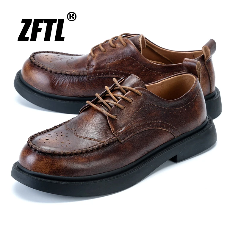 ZFTL Men\'s Casual shoes Retro Cow Leather Brown Man Tooling shoes British Goodyear Round toe Man Sneakers Vintage Ankle Boots