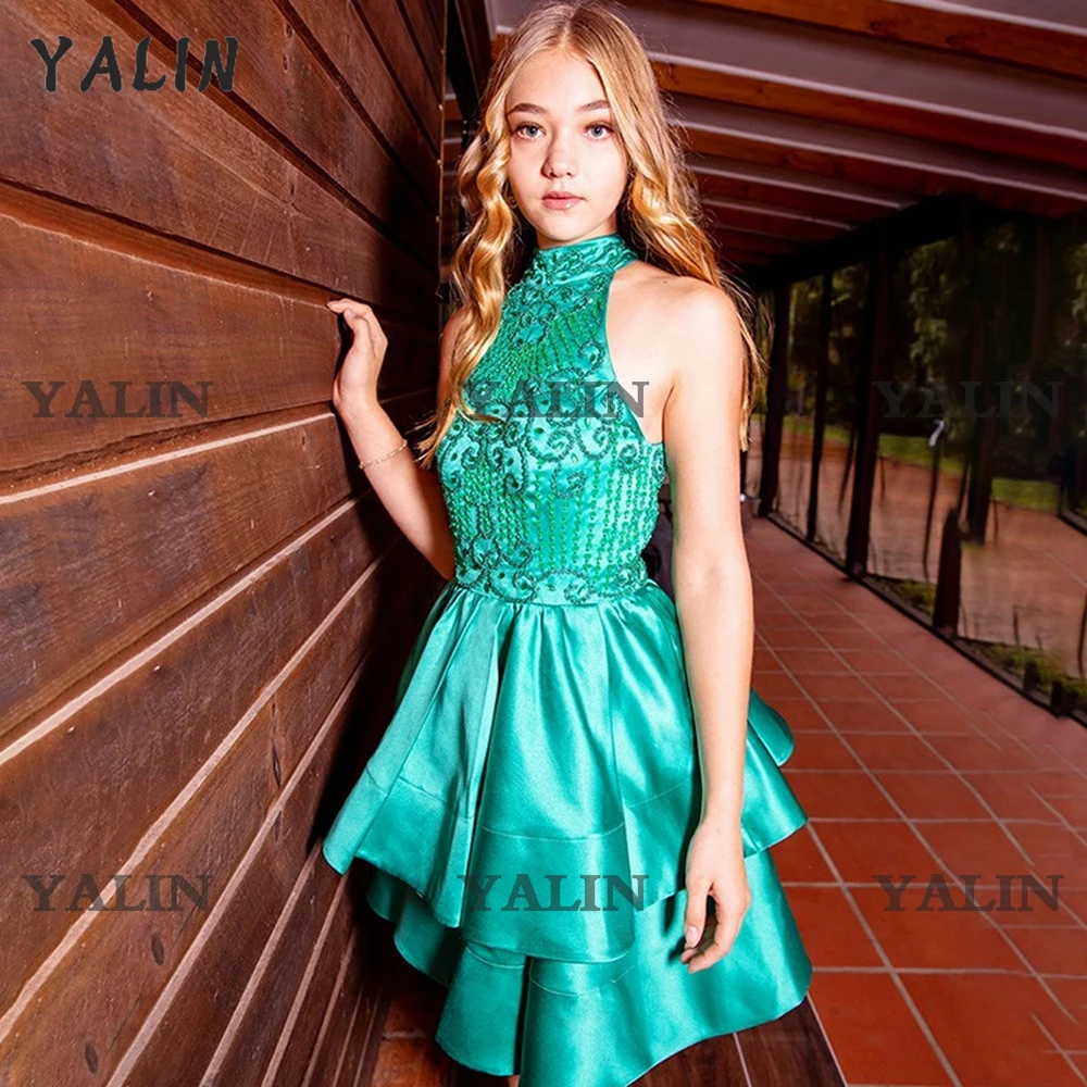 YALIN-minivestido largo De satén para fiesta, Vestido De encaje De cuello alto, sin mangas, De cóctel escalonado, Sukienki Homecoming