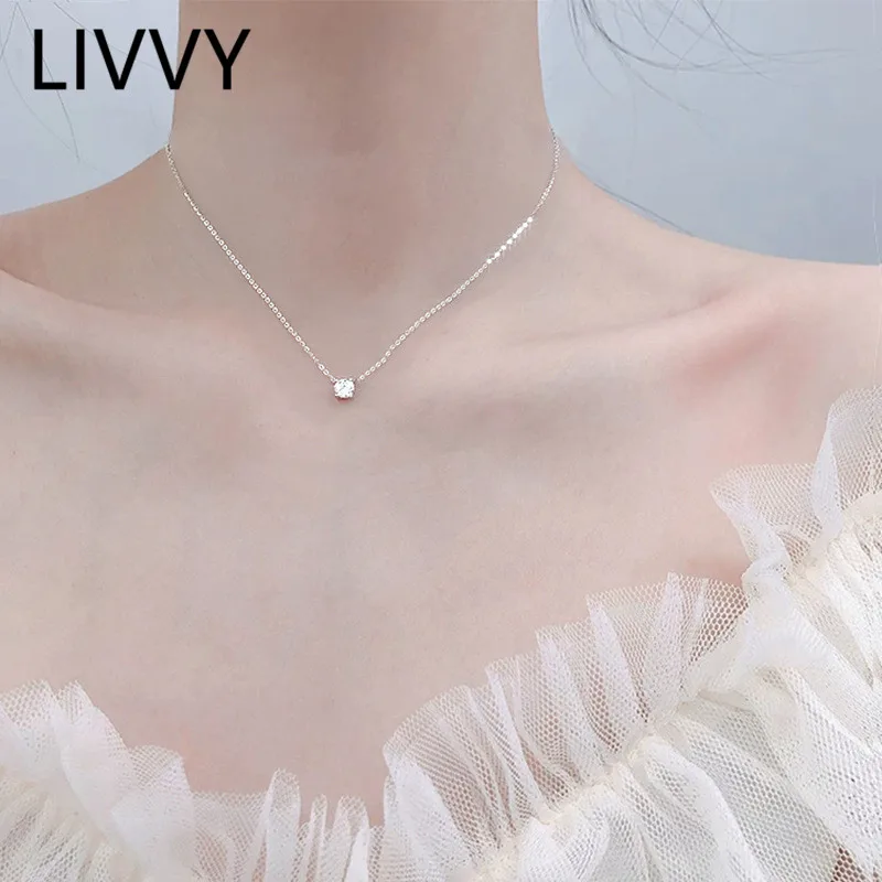

LIVVY Silver Color Round Zircon Pendant Necklace Clavicle Chain Elegant Wedding Party Jewelry for Women