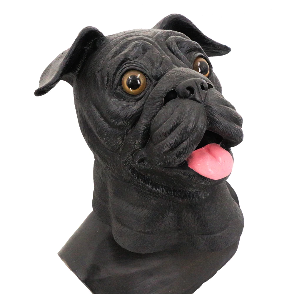 Latex Full Head Overhead Animal Dog Mask, Bulldog Mask Pug Halloween Costume Party Latex Mask Black