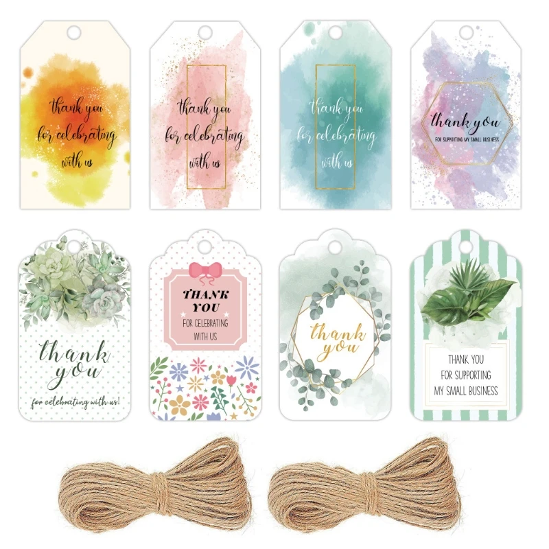 New 50 Pcs Cute Thank You Label with String Paper Gift Tags for Baby Shower Party Favors Graduation Ceremony DIY Art Project