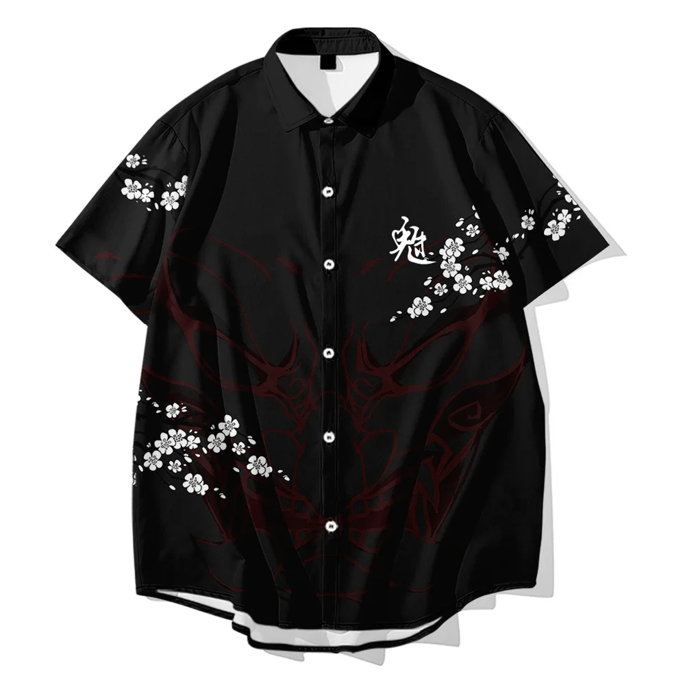 Casual Men\'s Black Print Cardigan Short Sleeve Hawaiian Beach Shirt Summer Fashion Turn-down-collar Shirt