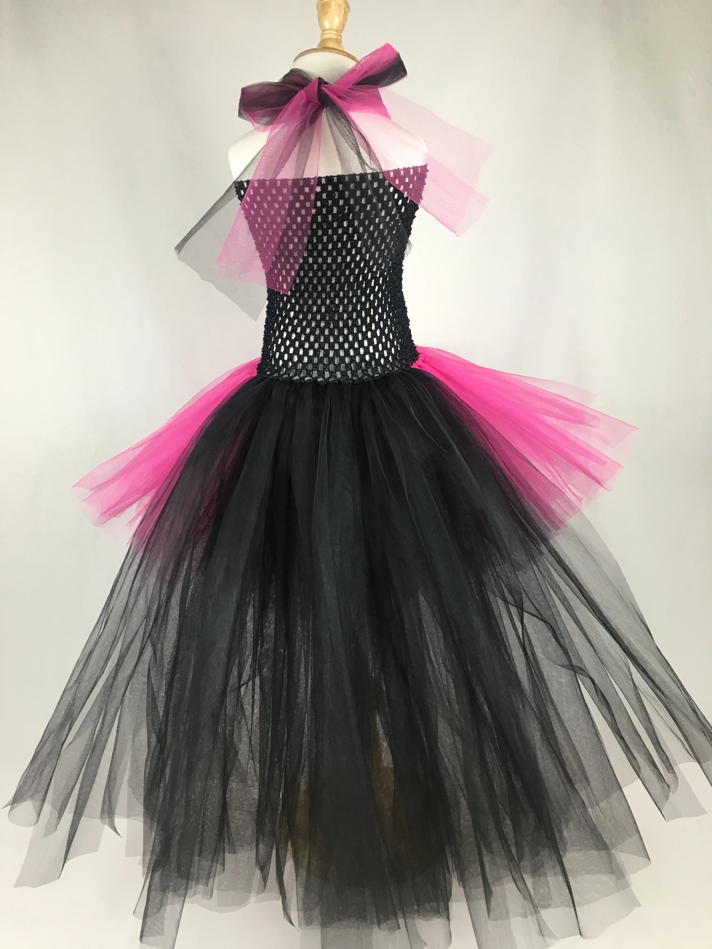 Girls Black Pink Rock Queen Tutu Dress Kids Crochet Tulle Trailing Dress with Strap Children Birthday Party Costume Tutus Dress