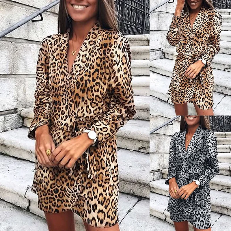 Summer women's dress sexy leopard print long sleeve V-neck holiday beach sunscreen irregular dress