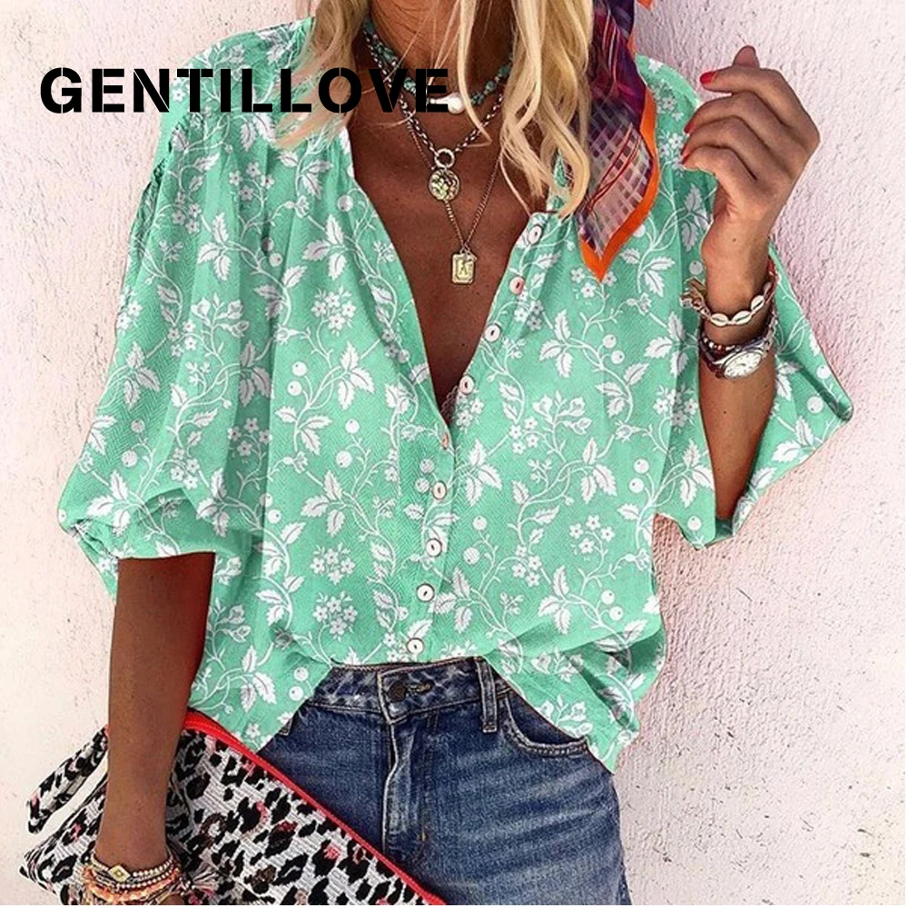 Gentillove Women Long Sleeve Loose Casual Buttons Printing T-Shirts Turn Down Collor Basic Spring Autumn Oversized Blouse