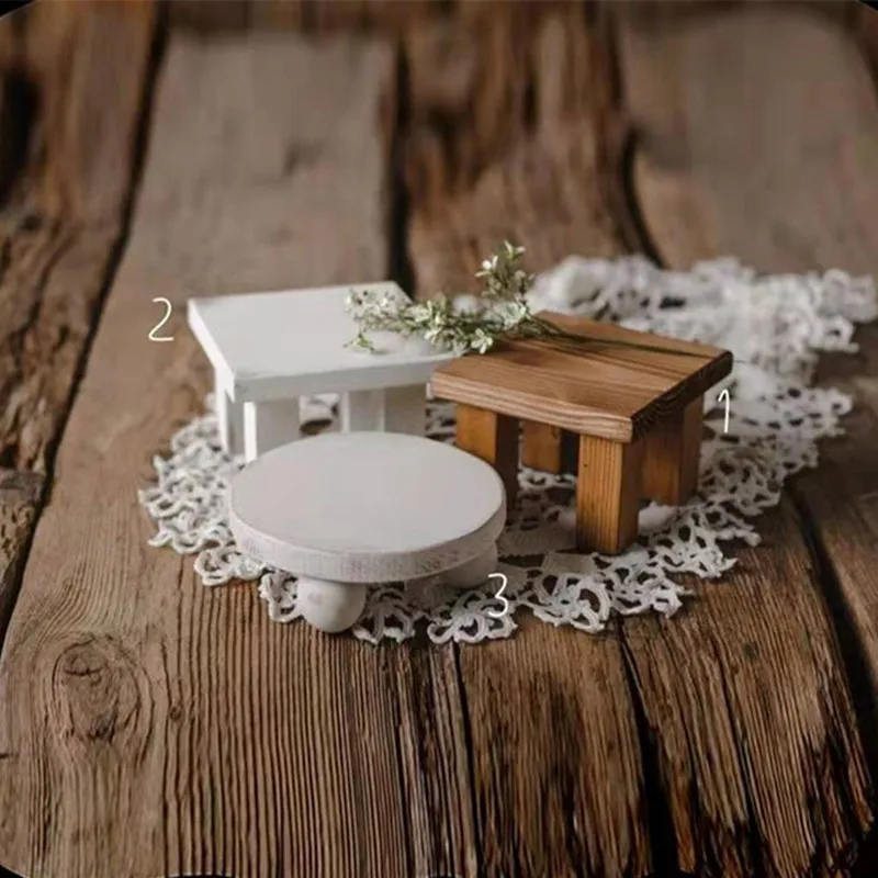 Newborn Photography Props Wood Mini Coffee Table Round Stool Retro Cake Stand Tray Baby Photo Girl Boy Fotografia Accessories