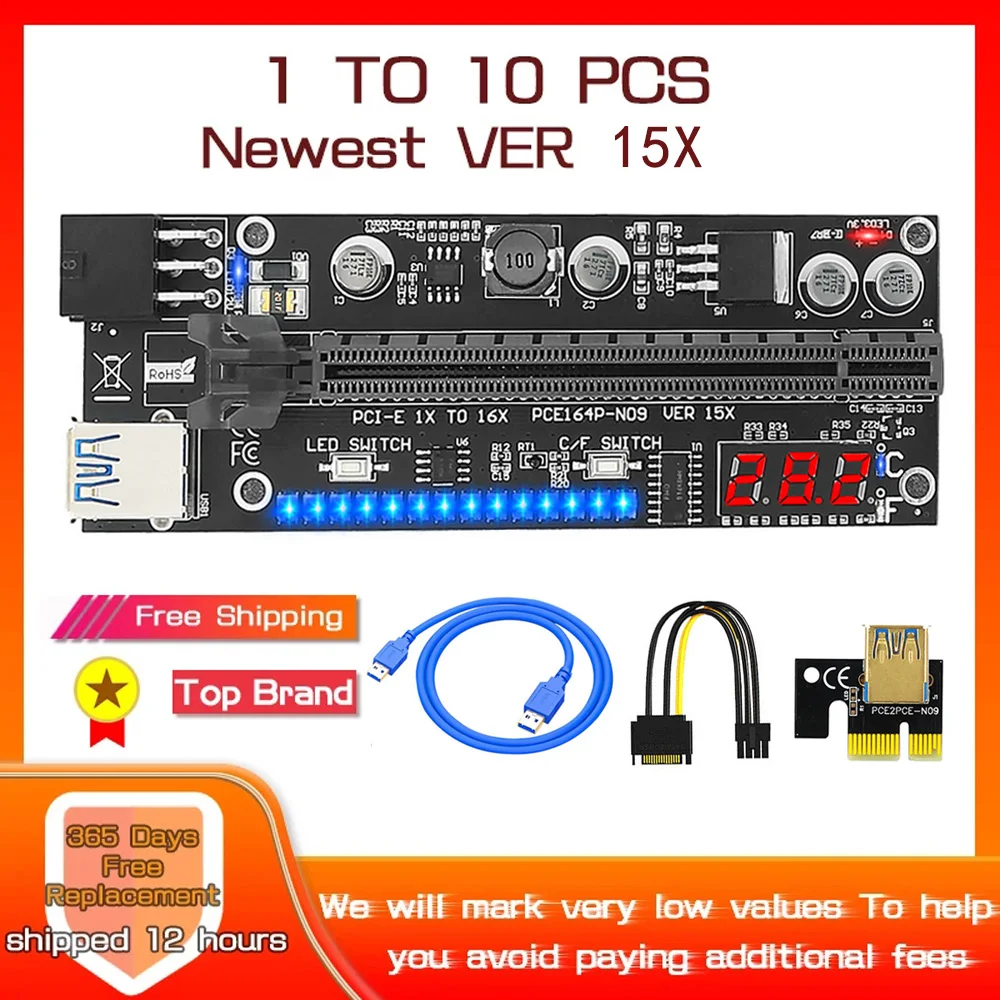 

1-10 шт. PCIE Riser PCI Express X16 Riser для видеокарты PCI-E 1X до 16X, подъемник кабеля, светодиодная температура, 6 контактов для майнинга биткоинов