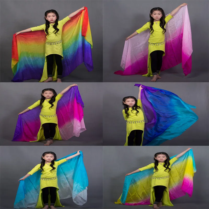 Kids Customized Silk Veils Gradient 100% real silk Veil for Child/Girls Belly Dance Hand-Scarf Shawls Stage Performance Props