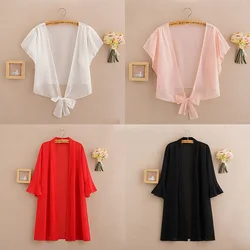 Long Cardigan en mousseline de soie pour femmes, col en V, cravate à la taille, chemisier noir, manches à volants, haut de plage en dentelle, Cover-Up, été, 2020