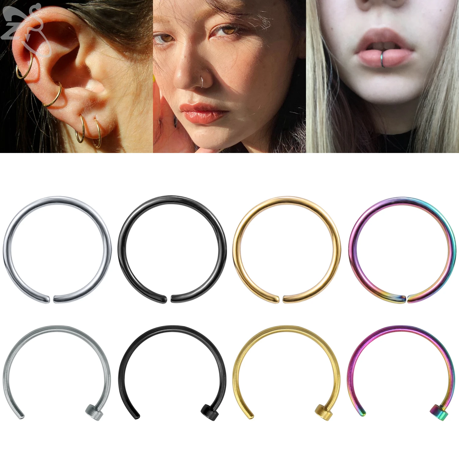 ZS 1 PC Colorful Stainless Steel Nose Rings For Women Men 20G Tragus Helix Conch Lip Septum Ring 6/8MM Nostril Piercing Jewelry