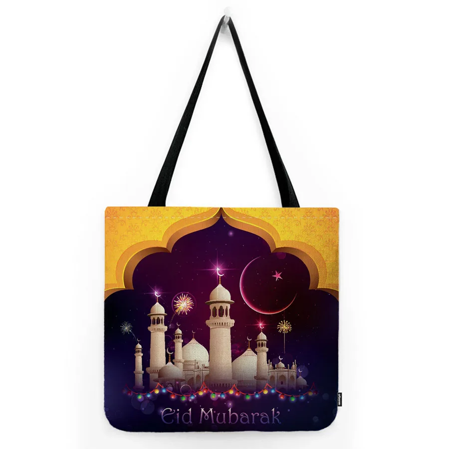 Islamic Eid Mubarak Ramadan Art Muslim Mosque Moon Cartoon Art Print Water Resistant Shoulder Bag Large Cotton Linen Tote Bag