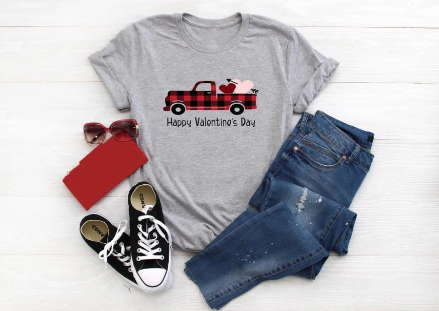 

Buffalo Plaid Valentine Truck Shirt Cute Christmas Tshirt Tee Tops Happy Valentine's Day T-shirt