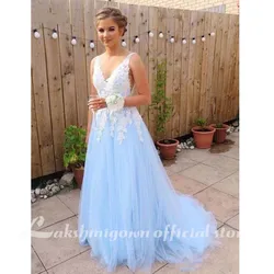 Lakshmigown elegante céu claro azul vestidos de casamento com decote em v longos vestidos de casamento com renda applique tule a linha boho vestido de noiva