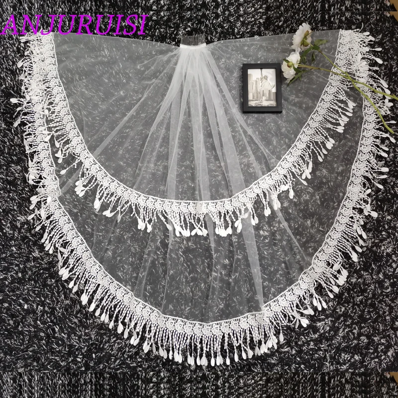 ANJURUISI 2020 Hot Sale Two Layer White Ivory Tulle Bridal Veil Lace Edge Cheap Short Wedding Veils veu de noiva longo In Stock