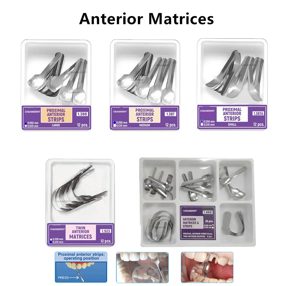 

1Box Dental Sectional Contoured Matrice Proximal Anterior Strips Twin Anterior Matrix Band System Stainless Steel Large Small