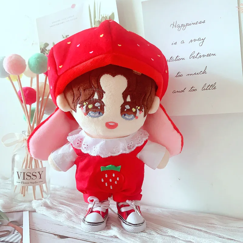 20cm Baby Doll Outfit Plush Doll's Clothes Red Strawberry Overalls Stuffed Toy Dolls Accessories for Korea Kpop EXO Fans Gift