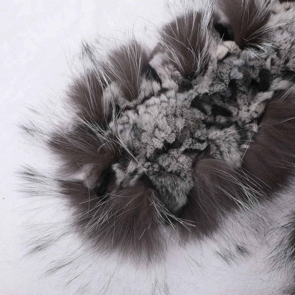 New Winter Women\'s Genuine Real Rex Rabbit Fur Silver Fox Fur Hand Knitted Scarf Scarfs Scarves Wraps Snood Street Fashion
