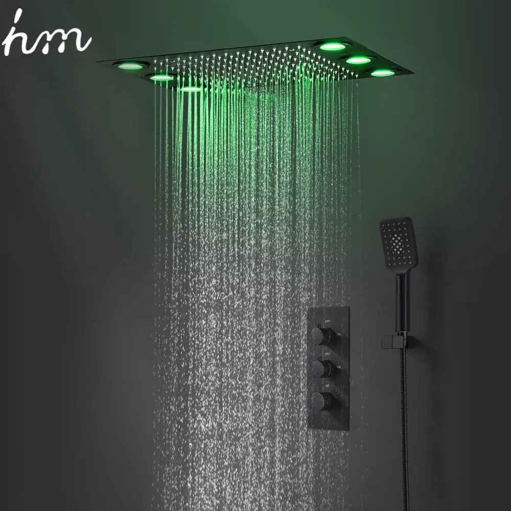 

hm High Quality Bathroom LED Shower Set Matte Black Thermostatic Faucet System Ceiling Large Rainfall Showerhead Panel 20x14inch