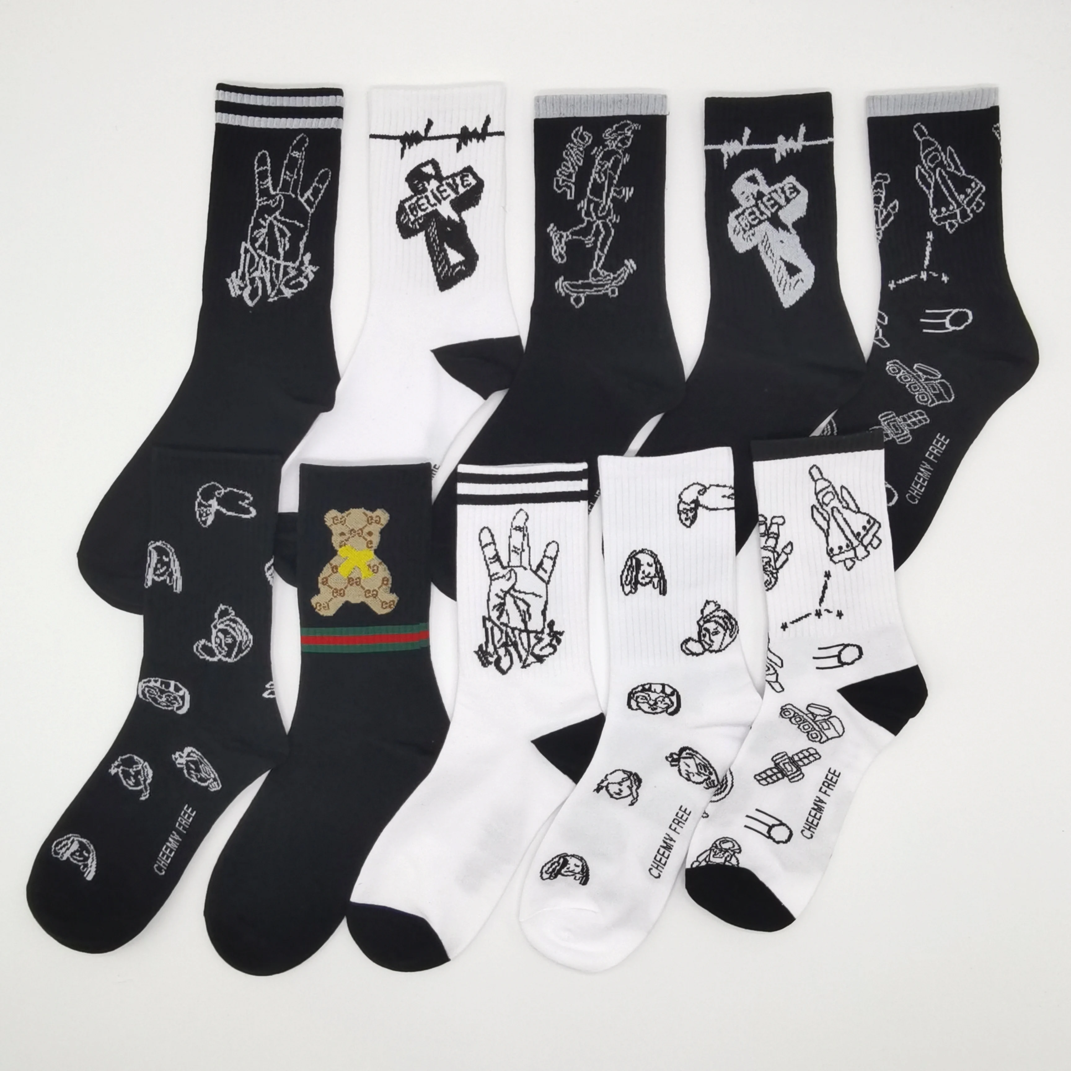 10 Pairs/Pack Men Woman Harajuku Pattern Hip-Hop Cotton Funny Novelty Socks Couple Streetwear Black White Breathable Long Socks