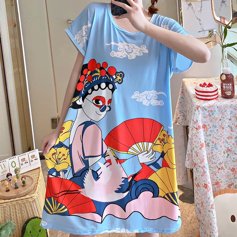 Summer Night Wear Loose Thin Youth Nightdress Cartoon Printed Sleep Wear Short Sleeve Casual Girls Students Sleepwear Loungewear