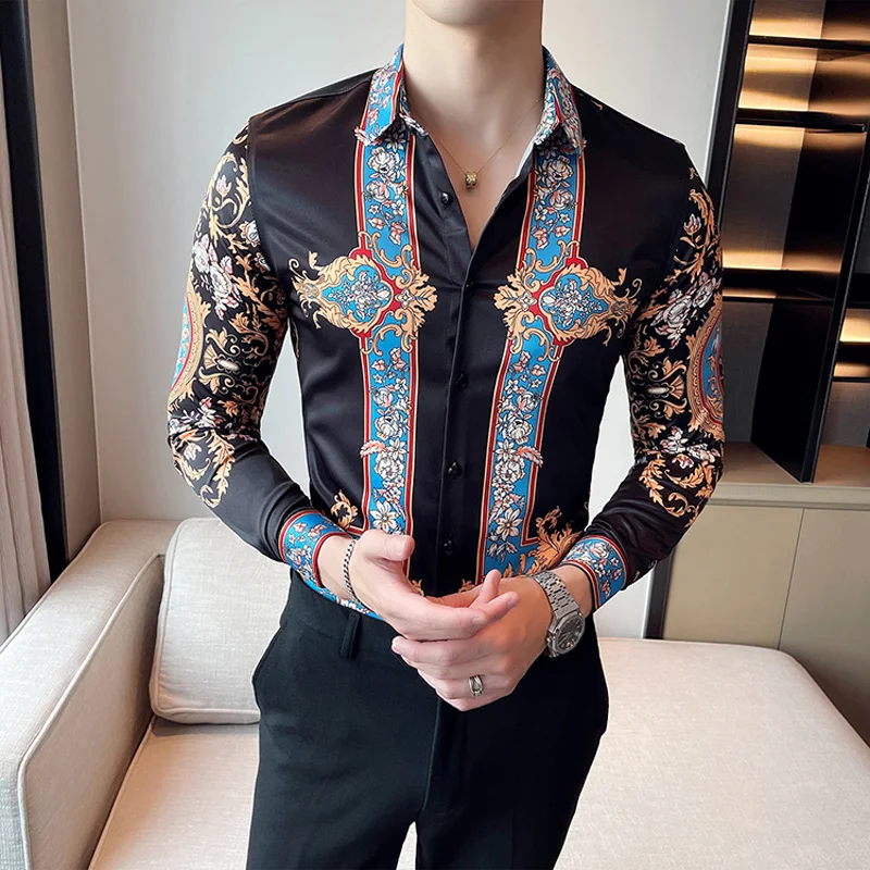 Brand Designer Men Floral Shirt Dress Luxury Paisley Print Long Sleeve Casual Shirts Blouse Homme Fashion Baroque Mens Clothing