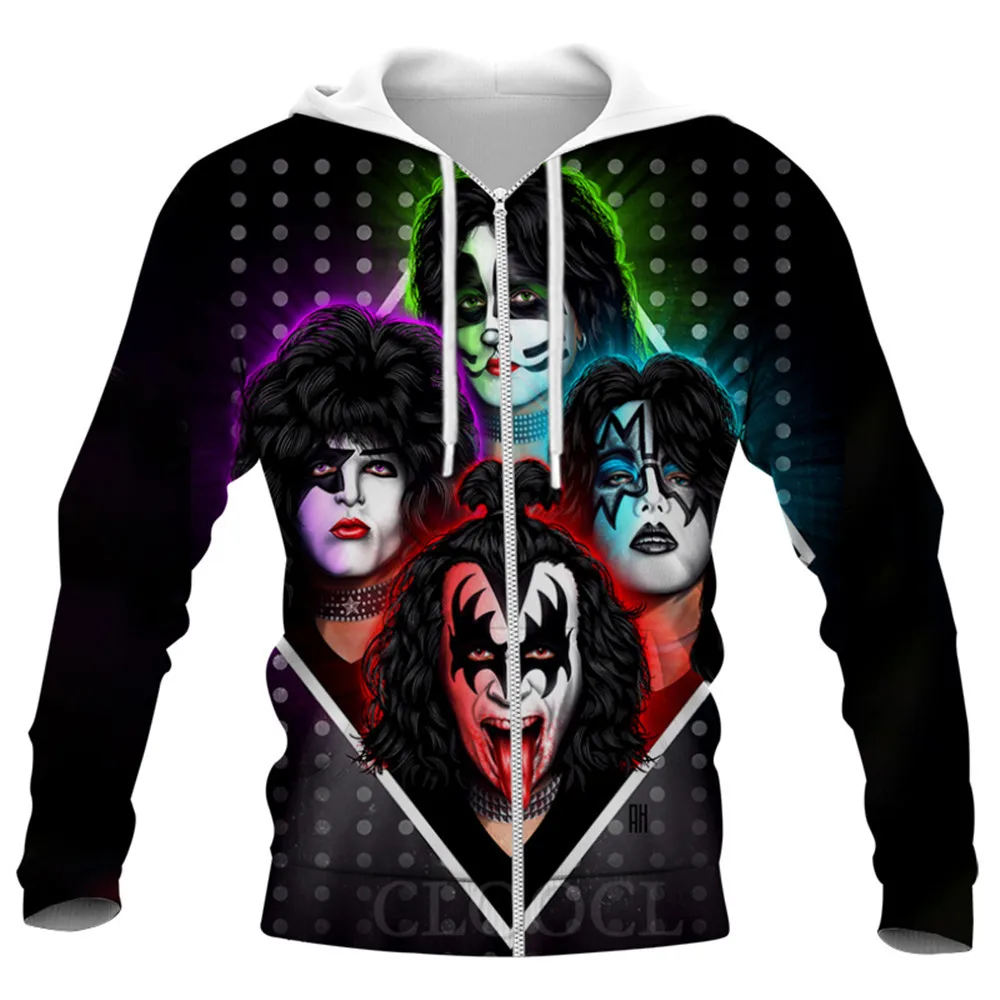 

HX Kiss Zip Hoodies 3D Graphics Rock Metal Band Print Pullovers Tops Fashion Hip Hop Streetwear Harajuku Men Clothing