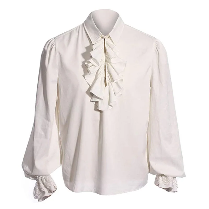 White Ruffles Turn Down Collar Lantern Sleeve Victorian Renaissance Vintage Shirt Men Vampire & Pirate Halloween Gothic Clothes