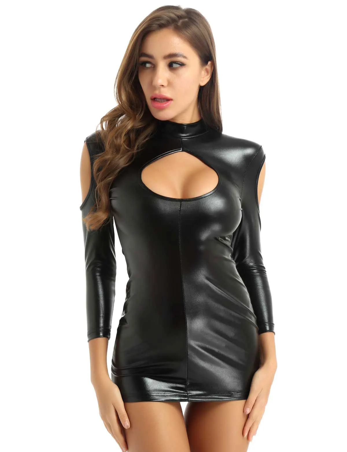 Plus Size Sexy Long Sleeve Tight Pencil Open Bust Short Dress Women Patent Leather Sexy Dress Nightclub PU Mini Hollow Out Dress image 3